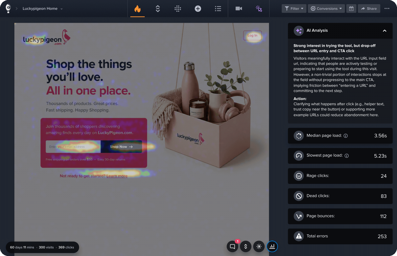 A heatmap showing visitor clicks and AI analysis of engagement