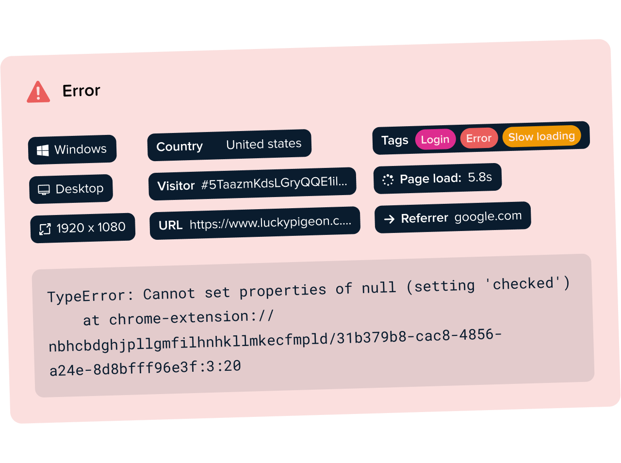 A JavaScript error report with visitor details and diagnostic information