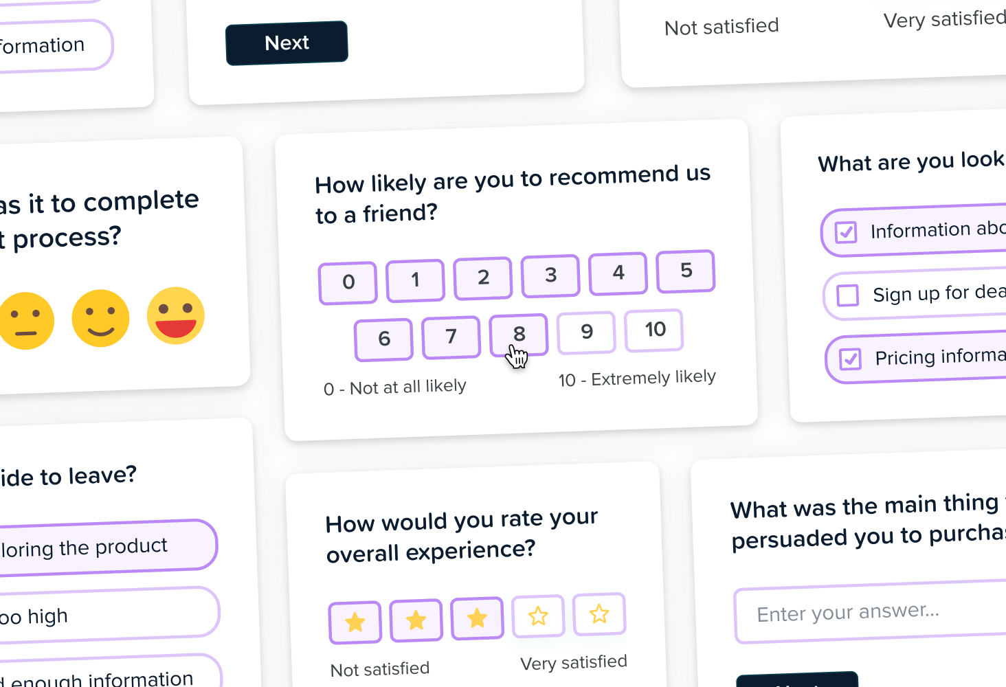 Customizable surveys for ratings, research, and customer feedback