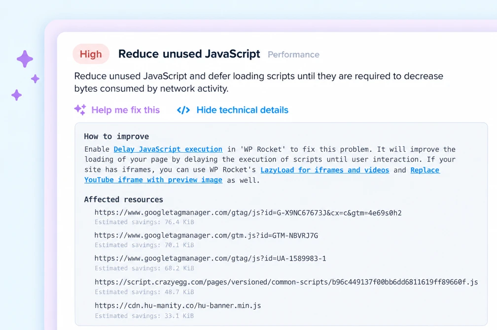 Page Speed recommendation with implementation guidance and affected resources