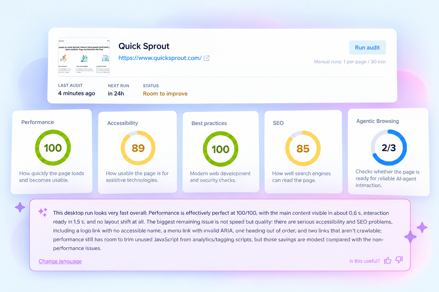 Crazy Egg Page Speed dashboard showing website status, performance scores, and an AI explanation