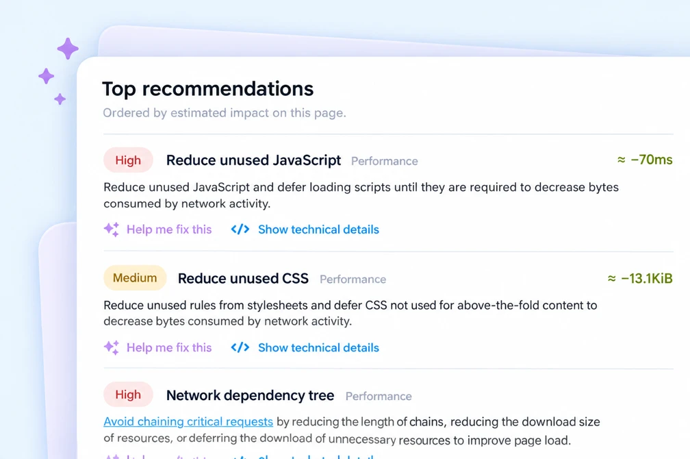 Prioritized Page Speed recommendations with estimated performance savings